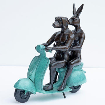 They Were the Authentic Vespa Riders in Rome (Bronze Sculpture, Miniature Collection)