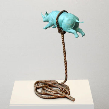 Green flying Rhino on short rope (Bronze Sculpture)