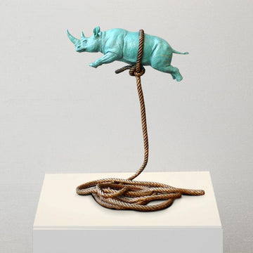 Green flying Rhino on short rope (Bronze Sculpture)