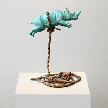 Green flying Rhino on short rope (Bronze Sculpture)