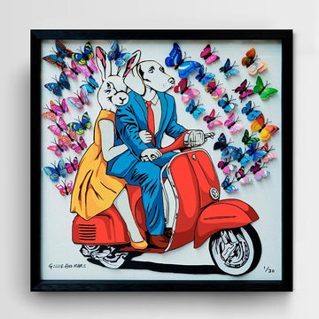 They had a blue/red/yellow vespa that made their heart flutter (Framed 3D Collage Print)