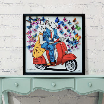 They had a blue/red/yellow vespa that made their heart flutter (Framed 3D Collage Print)
