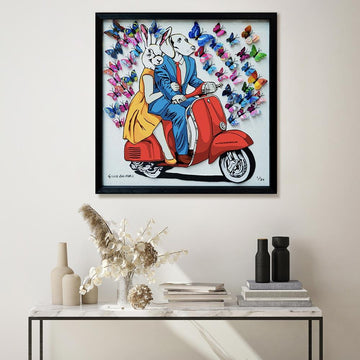 They had a blue/red/yellow vespa that made their heart flutter (Framed 3D Collage Print)