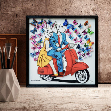 They had a blue/red/yellow vespa that made their heart flutter (Framed 3D Collage Print)