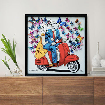 They had a blue/red/yellow vespa that made their heart flutter (Framed 3D Collage Print)