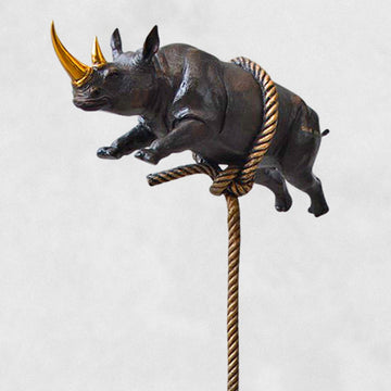 Flying Rhino on Long Rope with a Gold Horn (Bronze Sculpture)