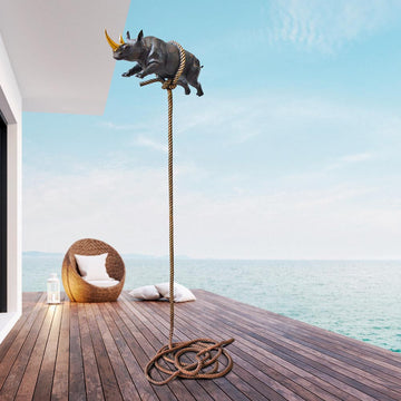 Flying Rhino on Long Rope with a Gold Horn (Bronze Sculpture)