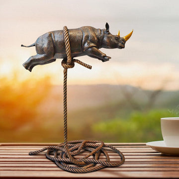 Flying Rhino on Short Rope with a Gold Horn (Bronze Sculpture)
