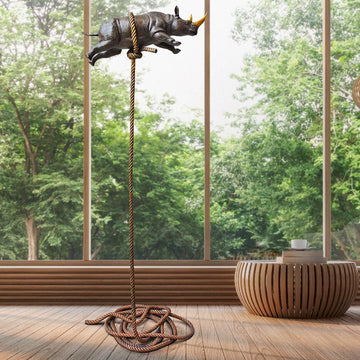 Flying Rhino on Long Rope with a Gold Horn (Bronze Sculpture)