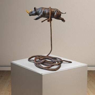 Flying Rhino on Short Rope with a Gold Horn (Bronze Sculpture)