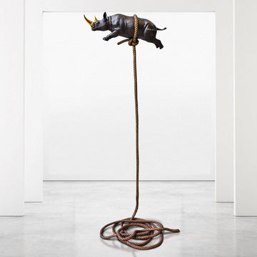 Flying Rhino on Long Rope with a Gold Horn (Bronze Sculpture)