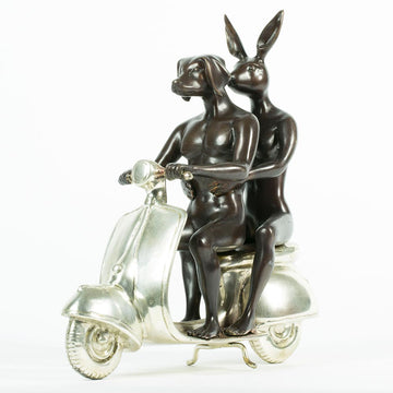 They Were the Authentic Vespa Riders in Rome (Bronze Sculpture, Miniature Collection)