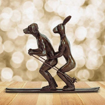 He Loved Skiing with His Snow Bunny (Bronze Sculpture, Miniature Collection)