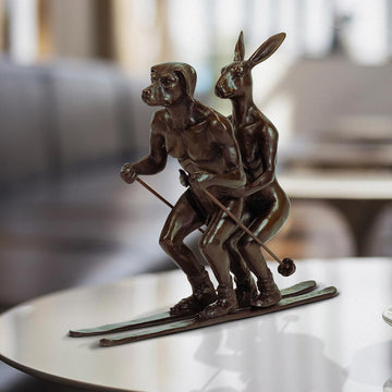 He Loved Skiing with His Snow Bunny (Bronze Sculpture, Miniature Collection)
