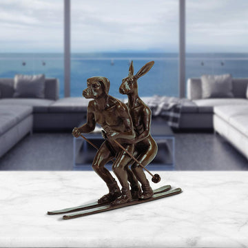 He Loved Skiing with His Snow Bunny (Bronze Sculpture, Miniature Collection)
