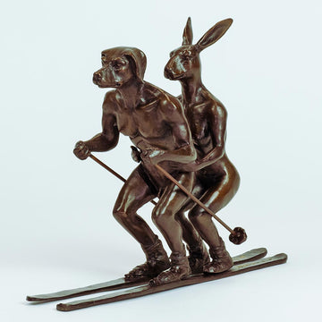 He Loved Skiing with His Snow Bunny (Bronze Sculpture, Miniature Collection)