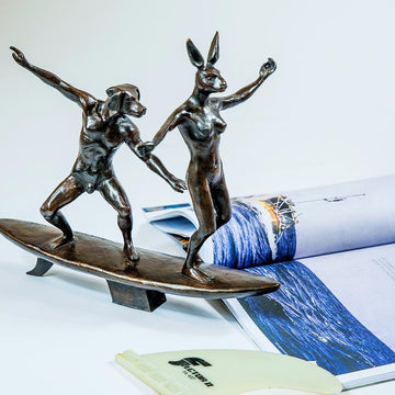 They Surfed a Pipeline Together (Bronze Sculpture, Miniature Collection)