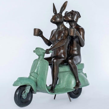 Their Morning Ride Started with Coffee and a Kiss (Bronze Sculpture)