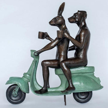 Their Morning Ride Started with Coffee and a Kiss (Bronze Sculpture)