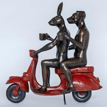 Their Morning Ride Started with Coffee and a Kiss (Bronze Sculpture)