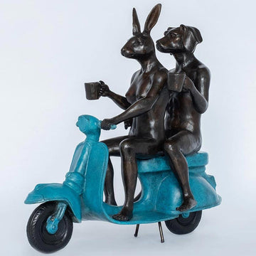 Their Morning Ride Started with Coffee and a Kiss (Bronze Sculpture)