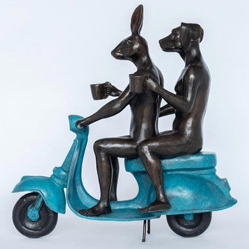 Their Morning Ride Started with Coffee and a Kiss (Bronze Sculpture)