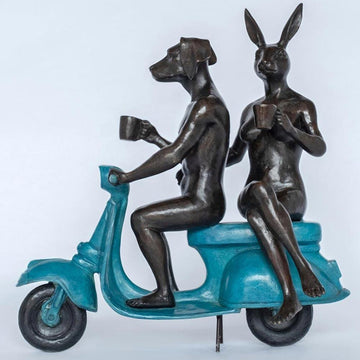 They Loved Coffee, Riding and Each Other (Bronze Sculpture)