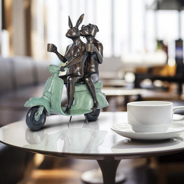Their Morning Ride Started with Coffee and a Kiss (Bronze Sculpture)