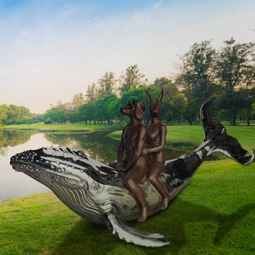 They Had a Big Whale of a Time (Bronze and Stainless Steel Sculpture)