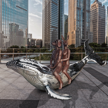 They Had a Big Whale of a Time (Bronze and Stainless Steel Sculpture)