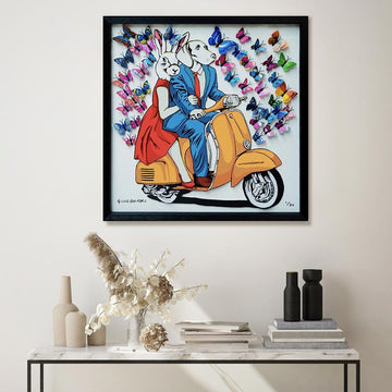They had a blue/red/yellow vespa that made their heart flutter (Framed 3D Collage Print)