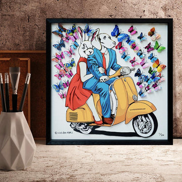 They had a blue/red/yellow vespa that made their heart flutter (Framed 3D Collage Print)