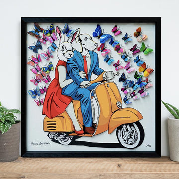 They had a blue/red/yellow vespa that made their heart flutter (Framed 3D Collage Print)